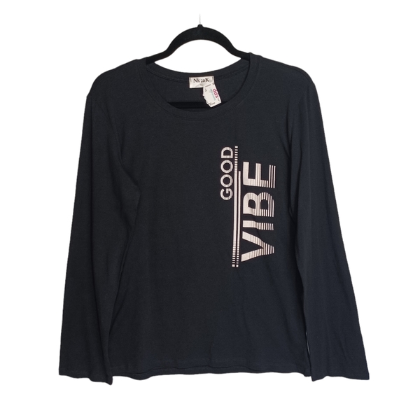 NK;AK "Good Vibe" White Spellout Long Sleeve Black Top X-Large NWT - Picture 1 of 7